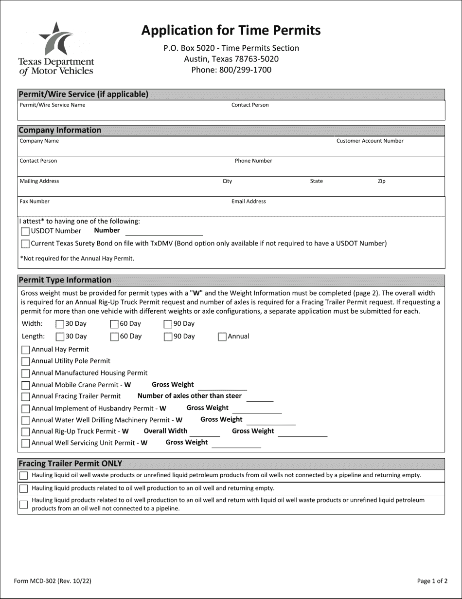 Form MCD-302 Application for Time Permits - Texas, Page 2