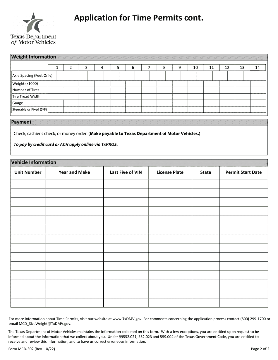 Form MCD-302 Application for Time Permits - Texas, Page 3