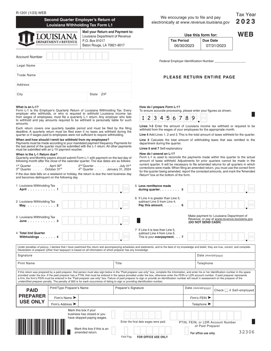 Form L-1 (R-1201) Second Quarter Employers Return of Louisiana Withholding Tax Form - Louisiana, Page 1
