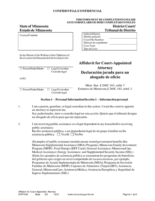 Form CHP1002 Affidavit for Court-Appointed Attorney - Minnesota (English/Spanish)