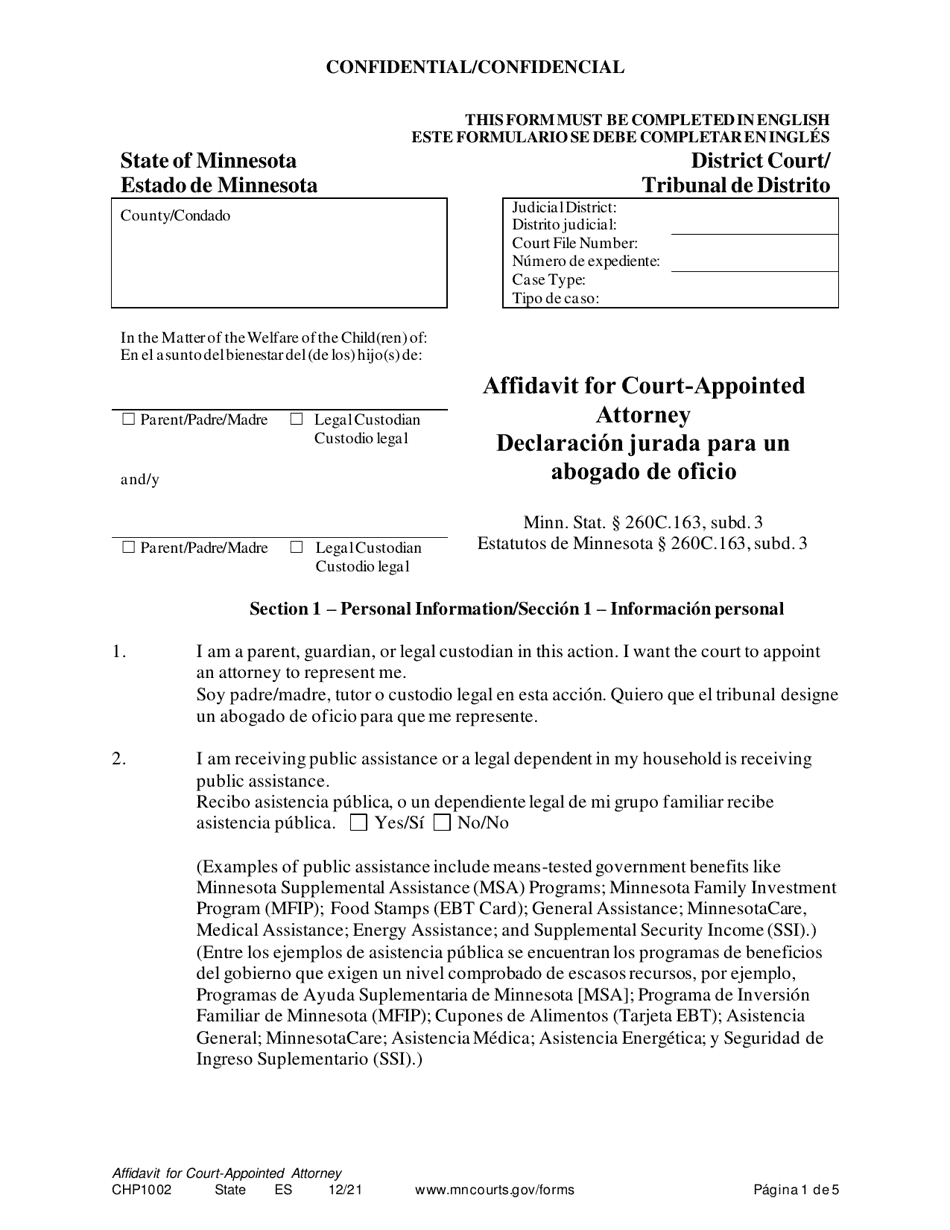 Form CHP1002 Affidavit for Court-Appointed Attorney - Minnesota (English / Spanish), Page 1