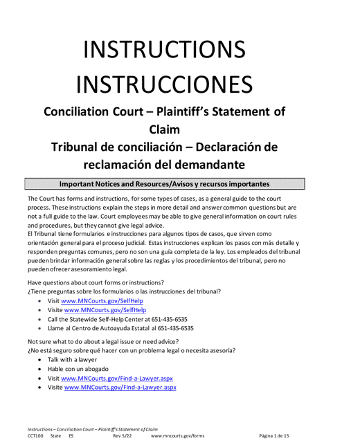 Instructions for Form CCT102 Plaintiff's Statement of Claim - Minnesota (English/Spanish)