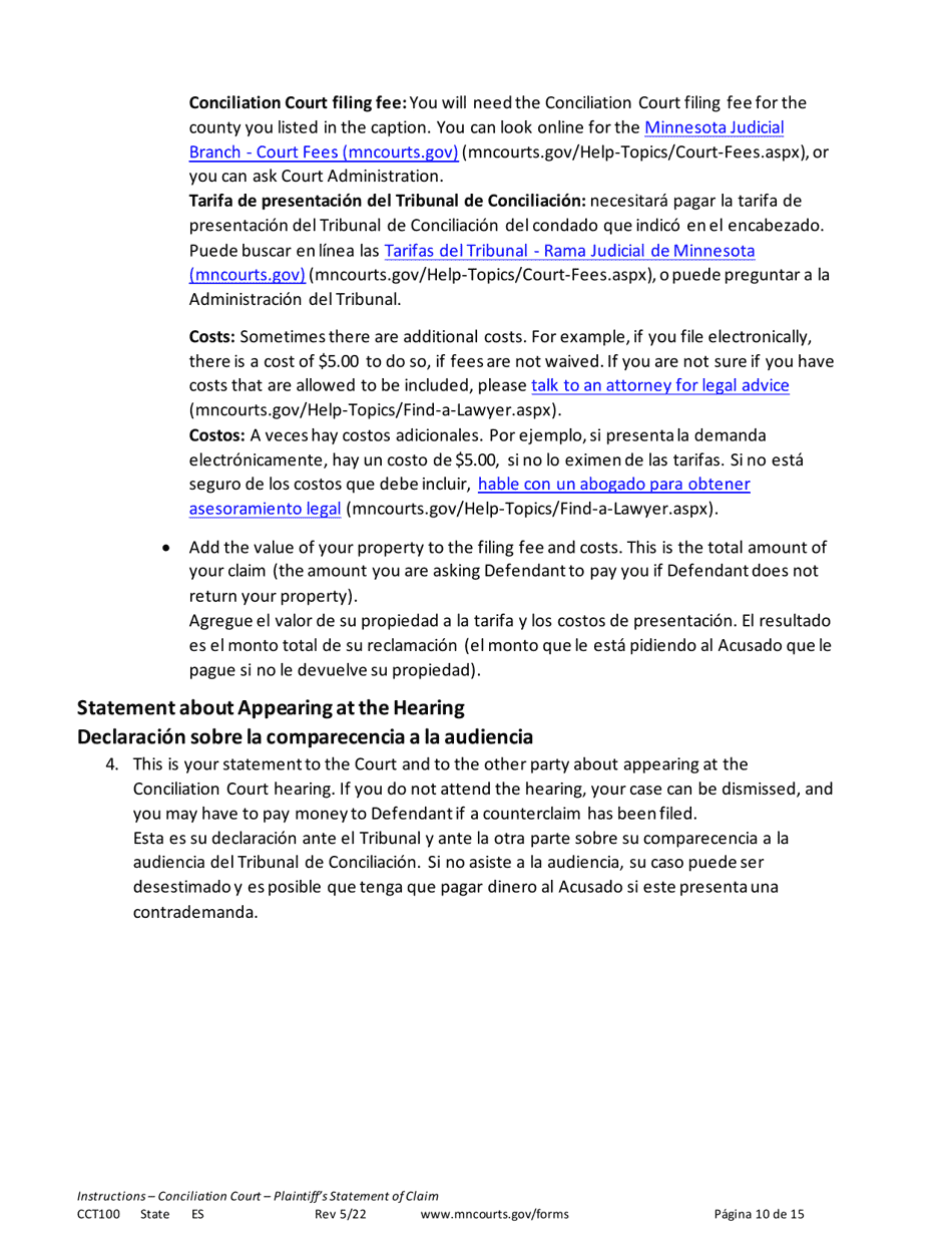 Instructions for Form CCT102 Plaintiffs Statement of Claim - Minnesota (English / Spanish), Page 10