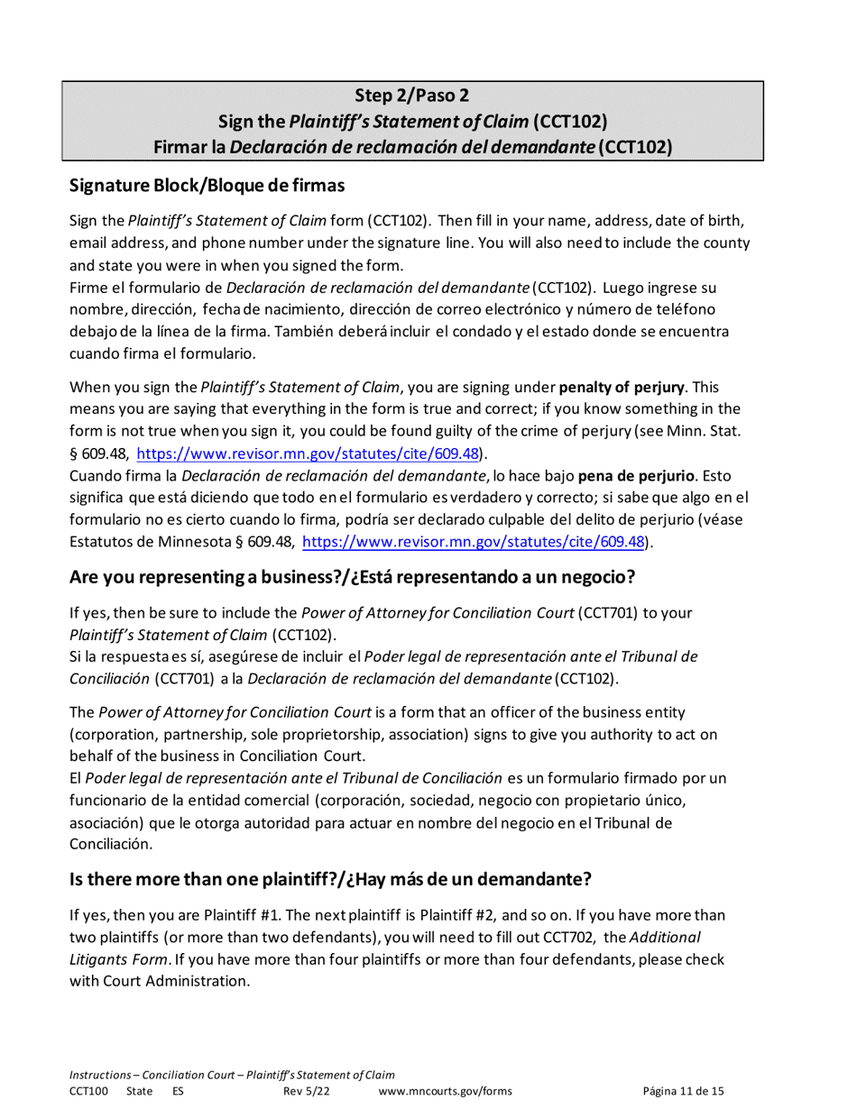Instructions for Form CCT102 Plaintiffs Statement of Claim - Minnesota (English / Spanish), Page 11