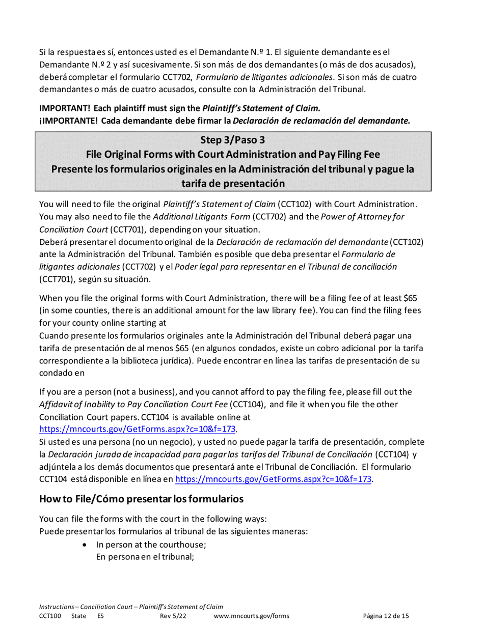 Instructions for Form CCT102 Plaintiffs Statement of Claim - Minnesota (English / Spanish), Page 12
