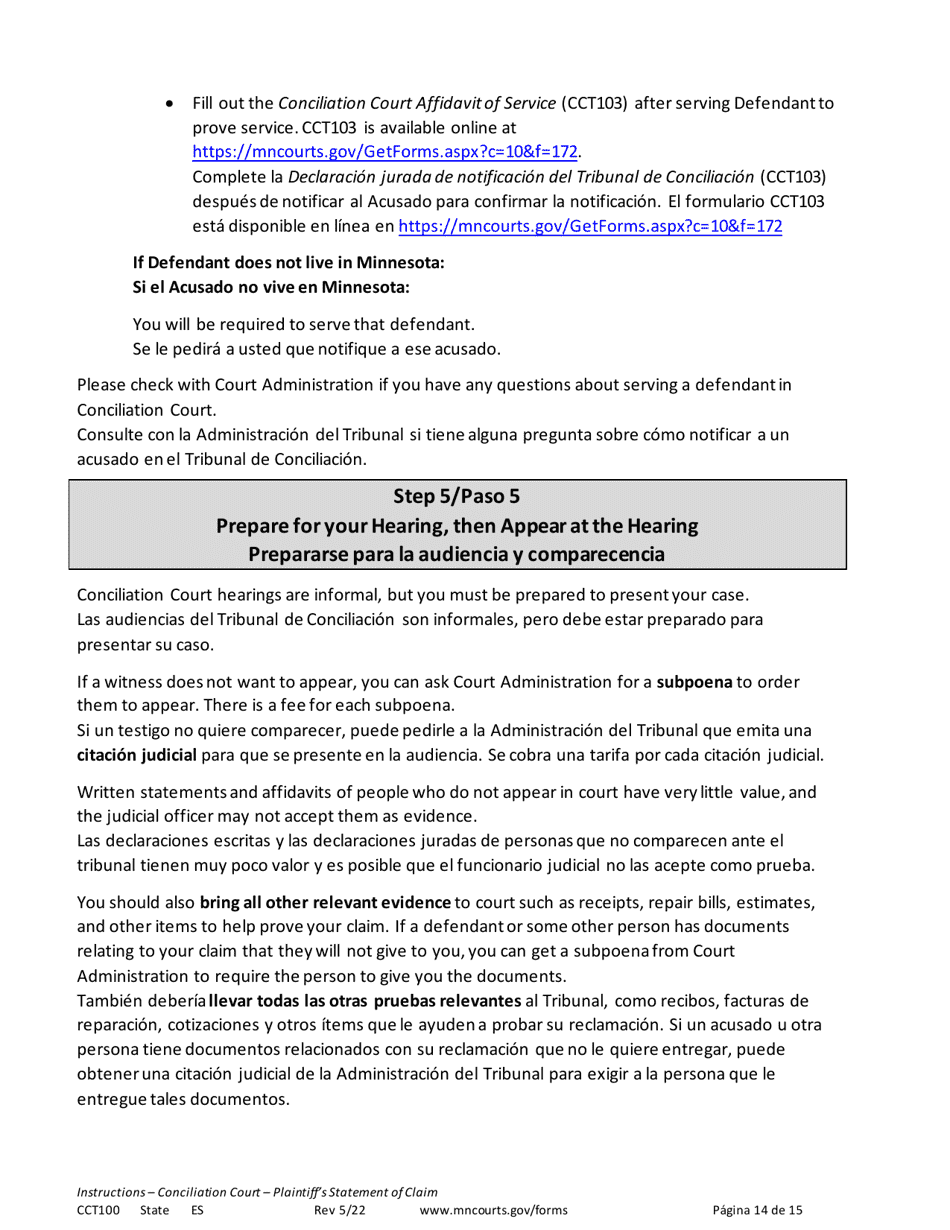 Instructions for Form CCT102 Plaintiffs Statement of Claim - Minnesota (English / Spanish), Page 14
