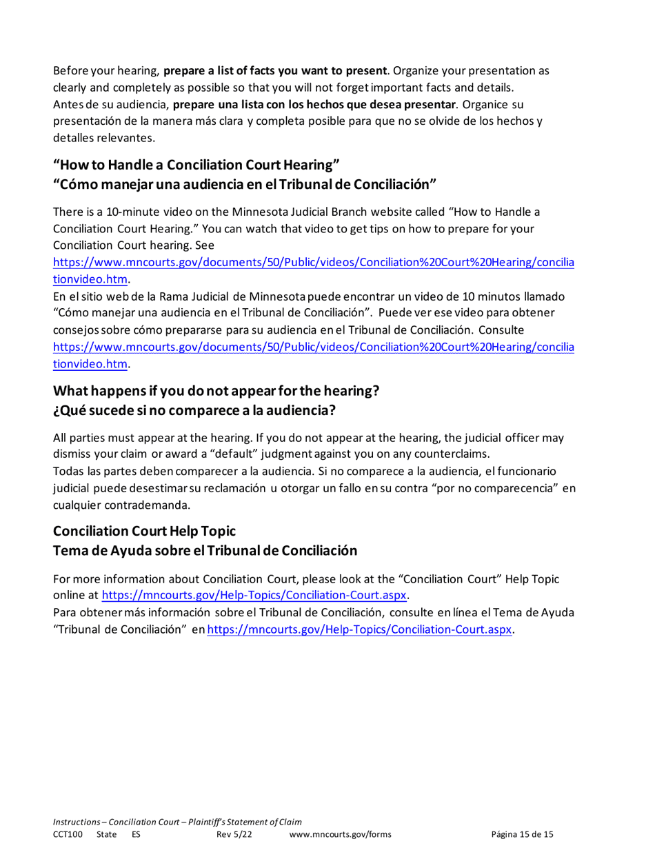 Instructions for Form CCT102 Plaintiffs Statement of Claim - Minnesota (English / Spanish), Page 15