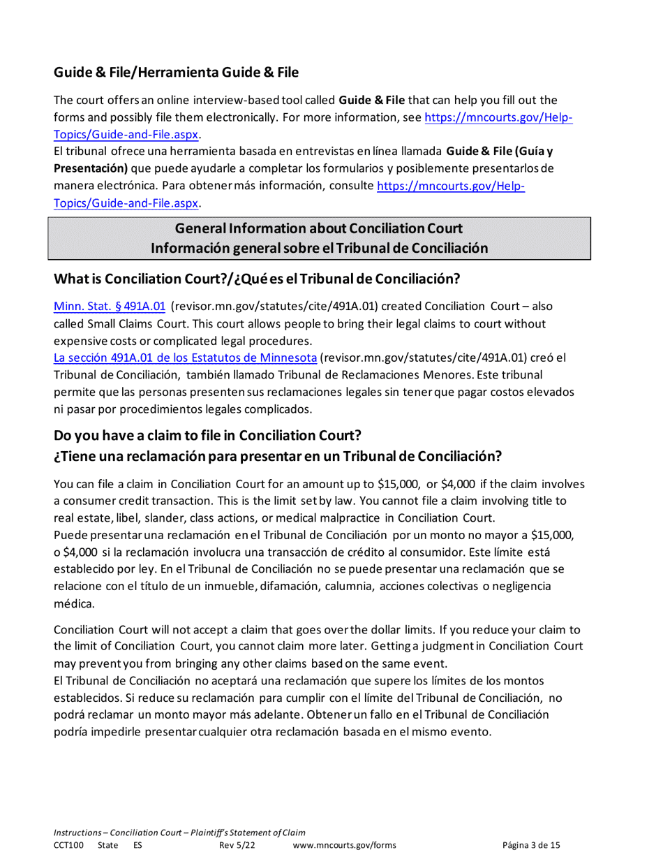 Instructions for Form CCT102 Plaintiffs Statement of Claim - Minnesota (English / Spanish), Page 3