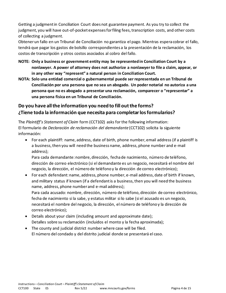 Instructions for Form CCT102 Plaintiffs Statement of Claim - Minnesota (English / Spanish), Page 4