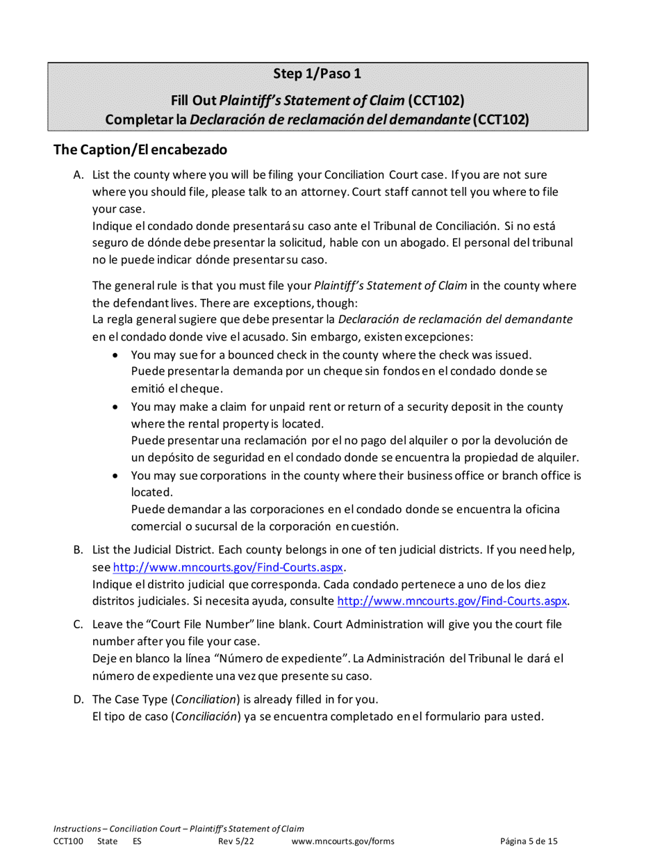 Instructions for Form CCT102 Plaintiffs Statement of Claim - Minnesota (English / Spanish), Page 5