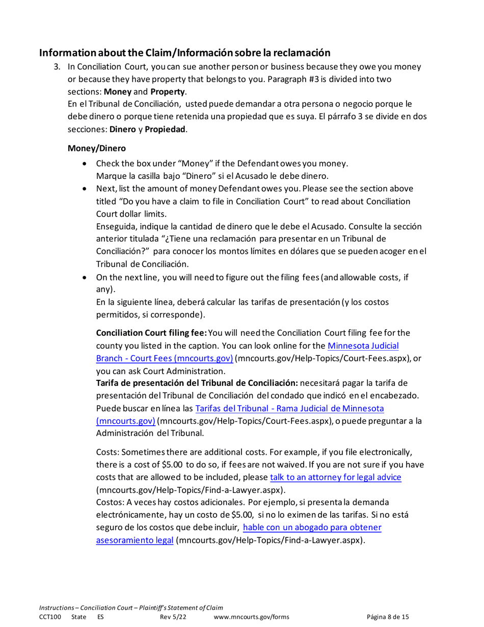 Instructions for Form CCT102 Plaintiffs Statement of Claim - Minnesota (English / Spanish), Page 8