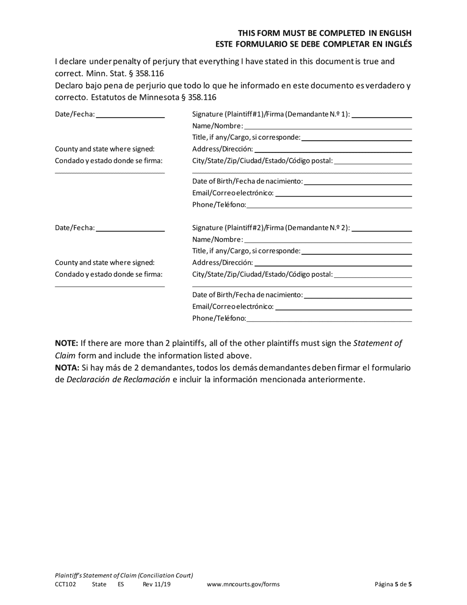 Form CCT102 Plaintiffs Statement of Claim - Minnesota (English / Spanish), Page 5
