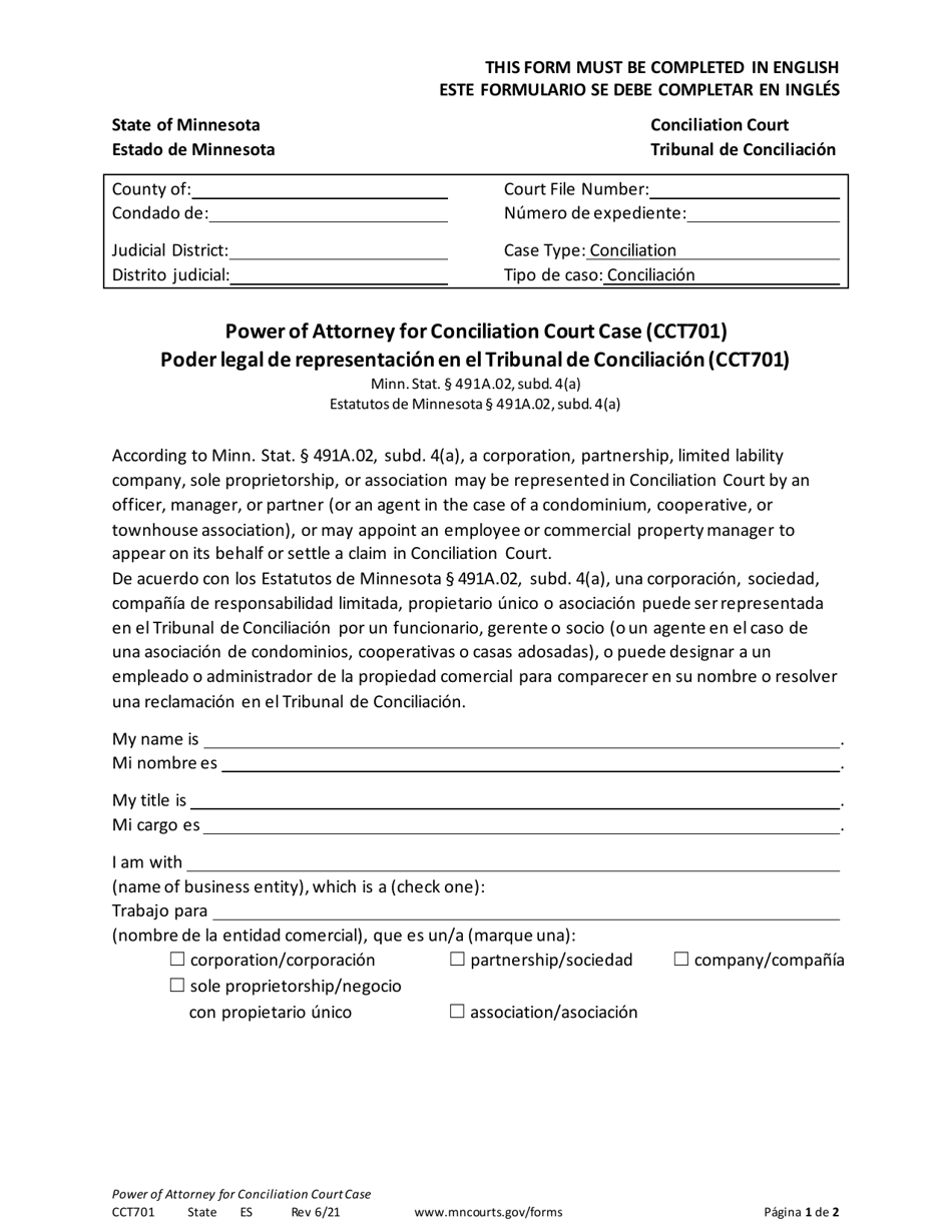 Form CCT701 Power of Attorney for Conciliation Court Case - Minnesota (English / Spanish), Page 1
