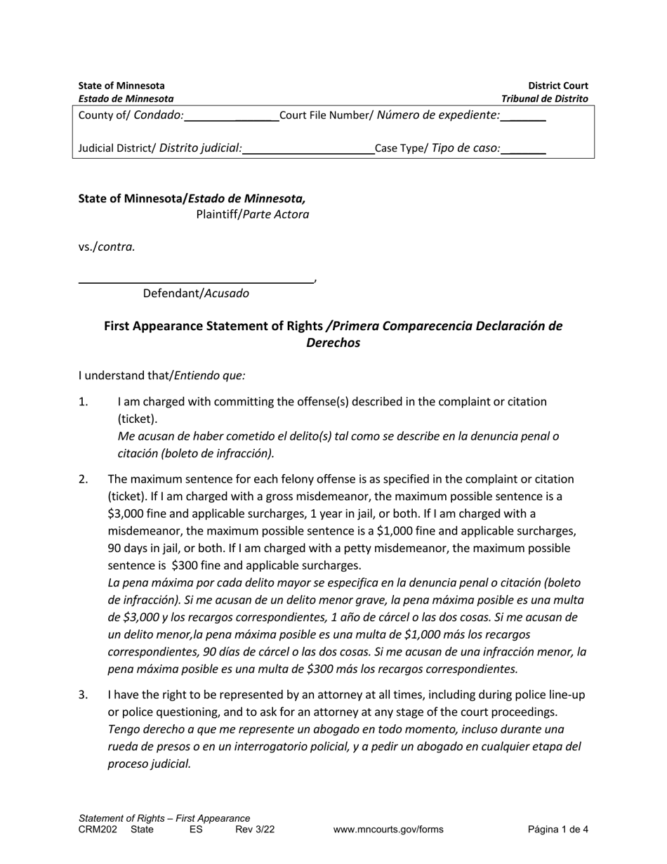 Form CRM202 First Appearance Statement of Rights - Minnesota (English / Spanish), Page 1