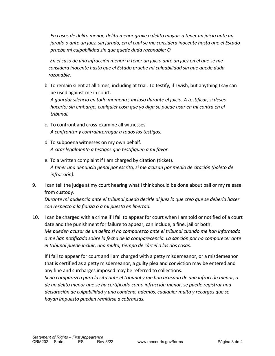 Form CRM202 First Appearance Statement of Rights - Minnesota (English / Spanish), Page 3