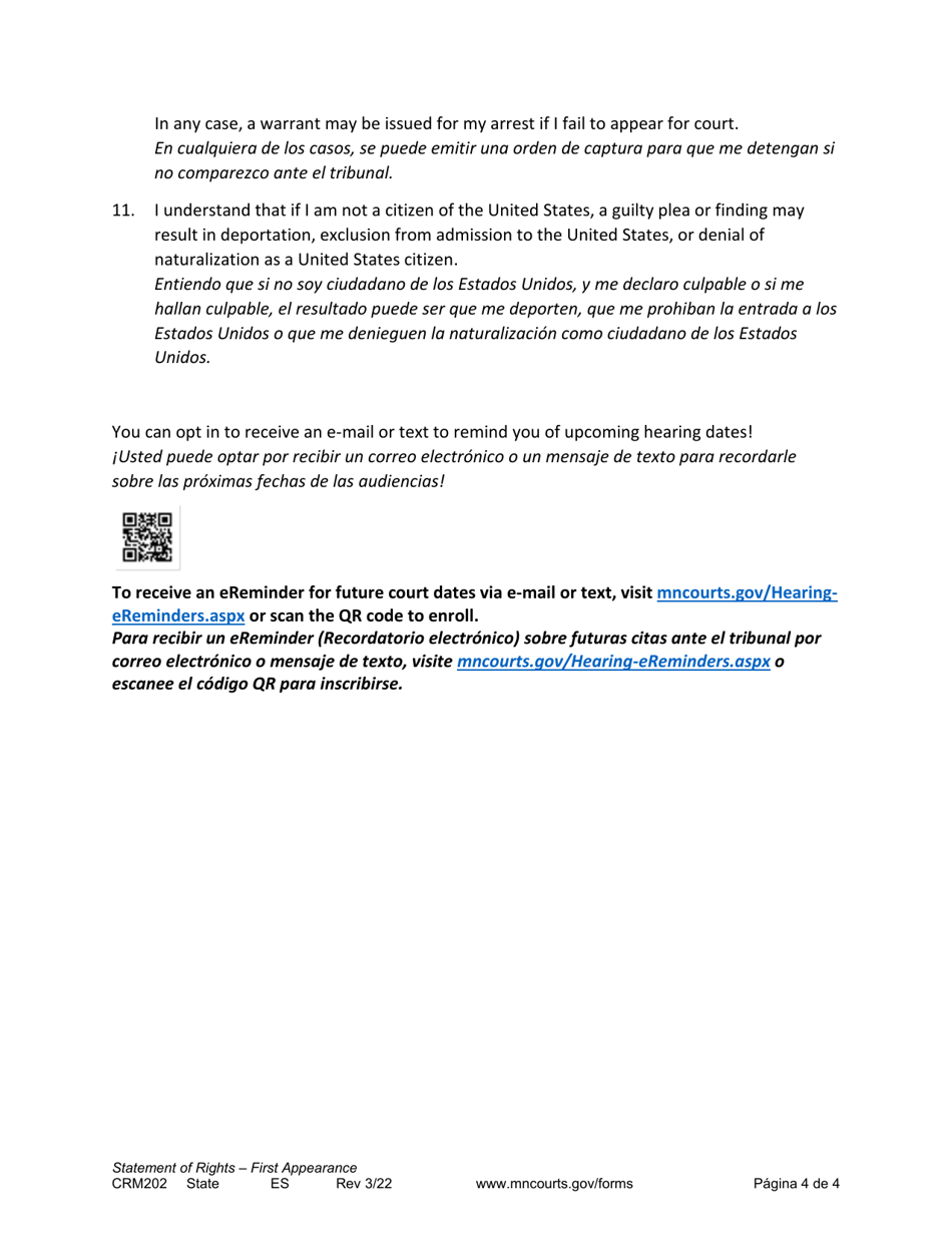 Form CRM202 First Appearance Statement of Rights - Minnesota (English / Spanish), Page 4