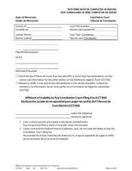 Document preview: Form CCT104 Affidavit of Inability to Pay Conciliation Court Filing Fee - Minnesota (English/Spanish)