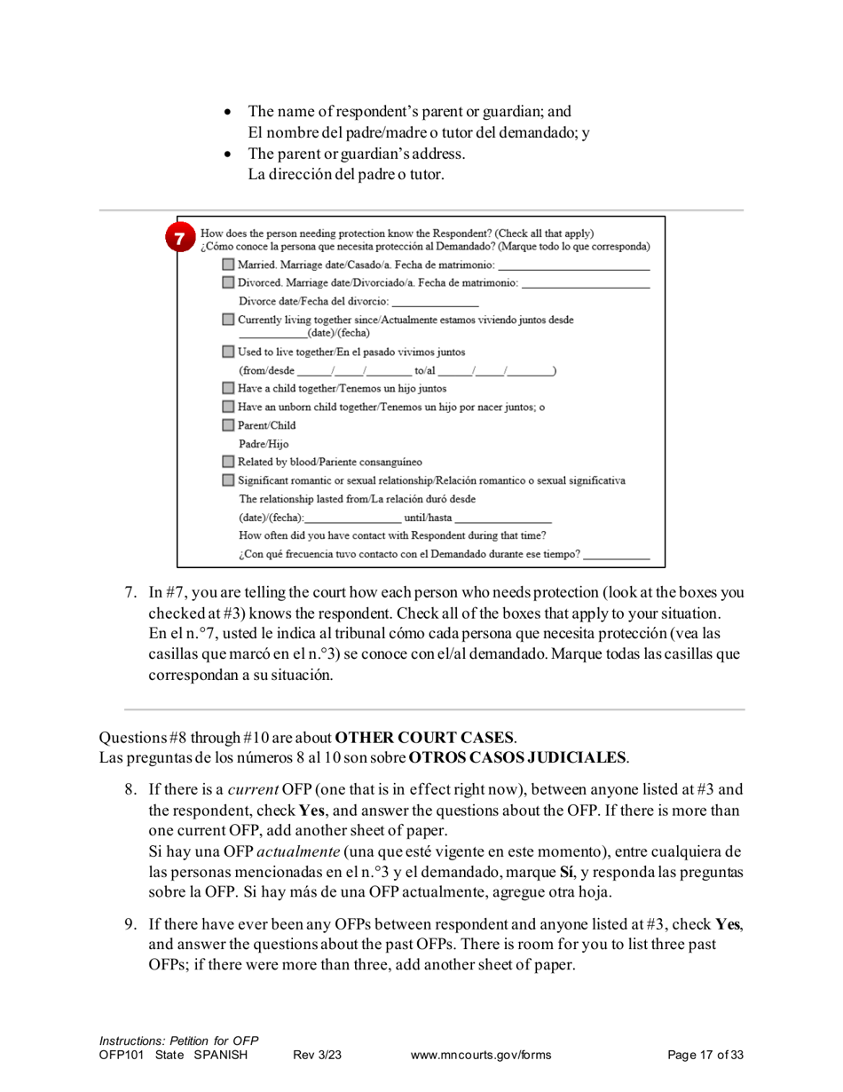 Form OFP101 Instructions - Asking for an Order for Protection (Ofp) - Minnesota (English / Spanish), Page 17