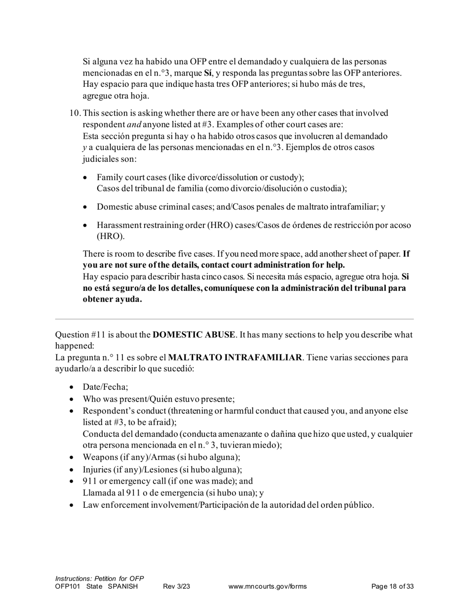 Form OFP101 Instructions - Asking for an Order for Protection (Ofp) - Minnesota (English / Spanish), Page 18