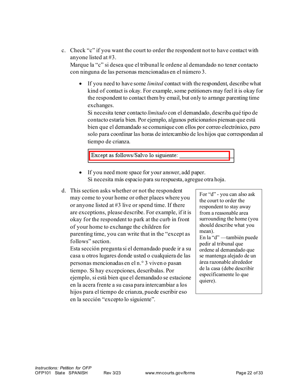 Form OFP101 Instructions - Asking for an Order for Protection (Ofp) - Minnesota (English / Spanish), Page 22