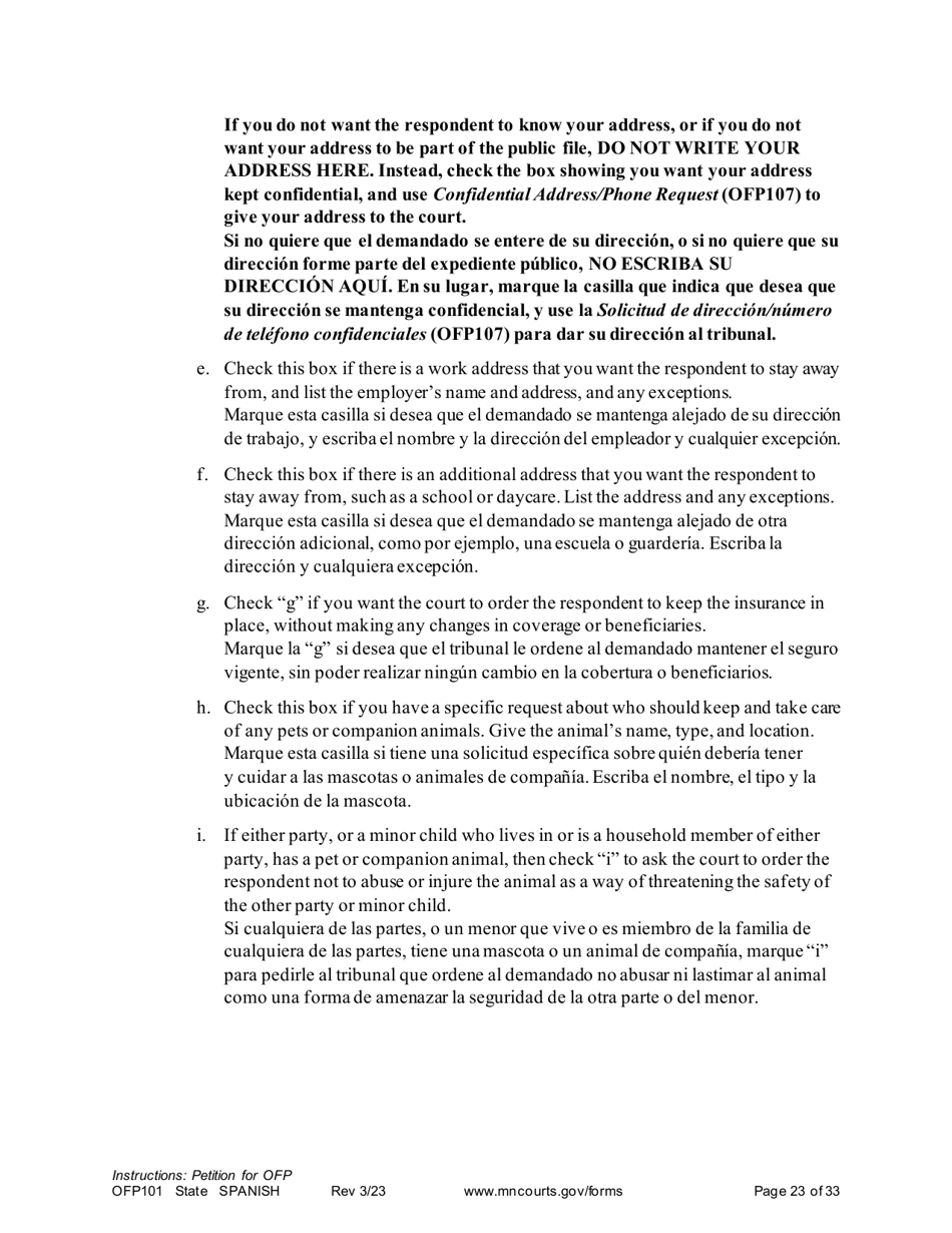 Form OFP101 Instructions - Asking for an Order for Protection (Ofp) - Minnesota (English / Spanish), Page 23