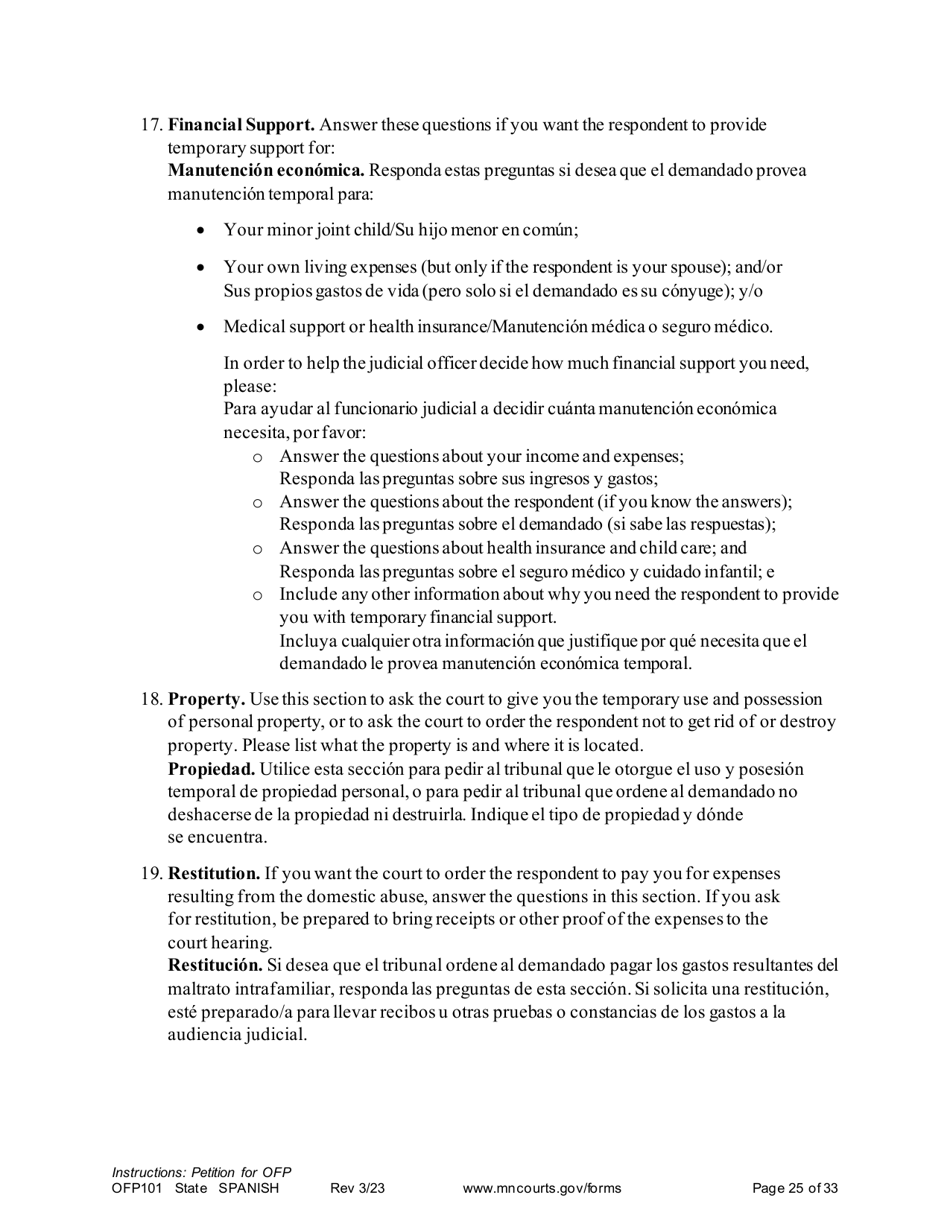 Form OFP101 Instructions - Asking for an Order for Protection (Ofp) - Minnesota (English / Spanish), Page 25