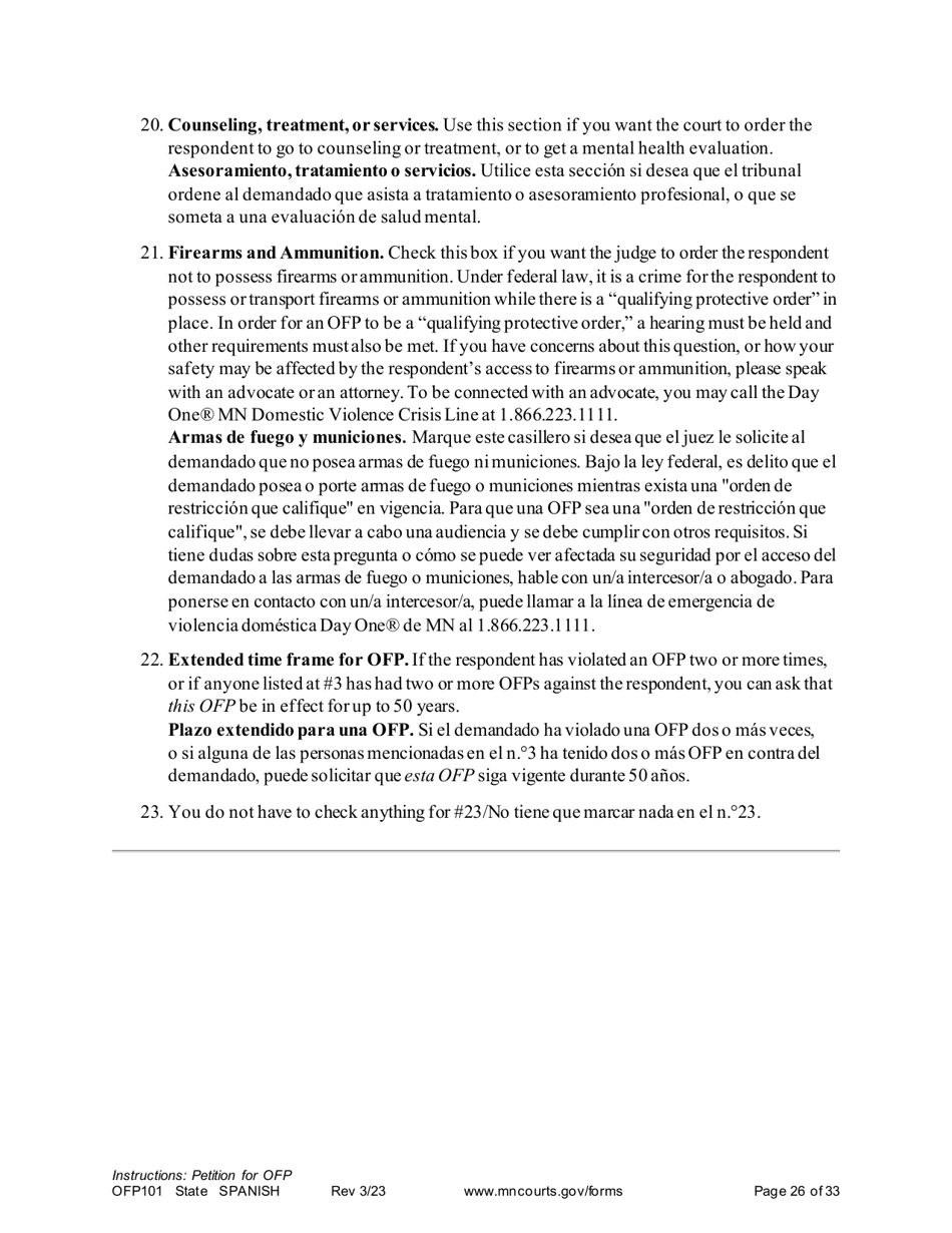 Form OFP101 Instructions - Asking for an Order for Protection (Ofp) - Minnesota (English / Spanish), Page 26
