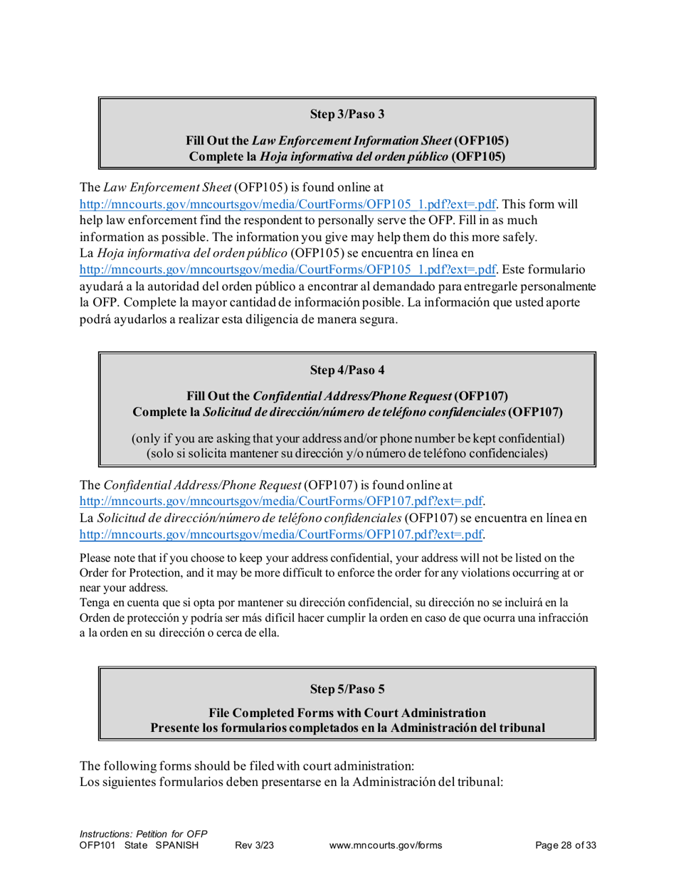 Form OFP101 Instructions - Asking for an Order for Protection (Ofp) - Minnesota (English / Spanish), Page 28