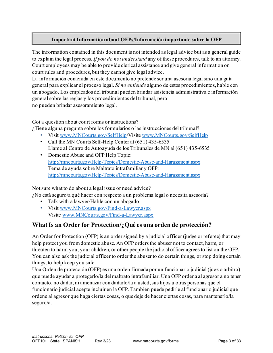 Form OFP101 Instructions - Asking for an Order for Protection (Ofp) - Minnesota (English / Spanish), Page 3