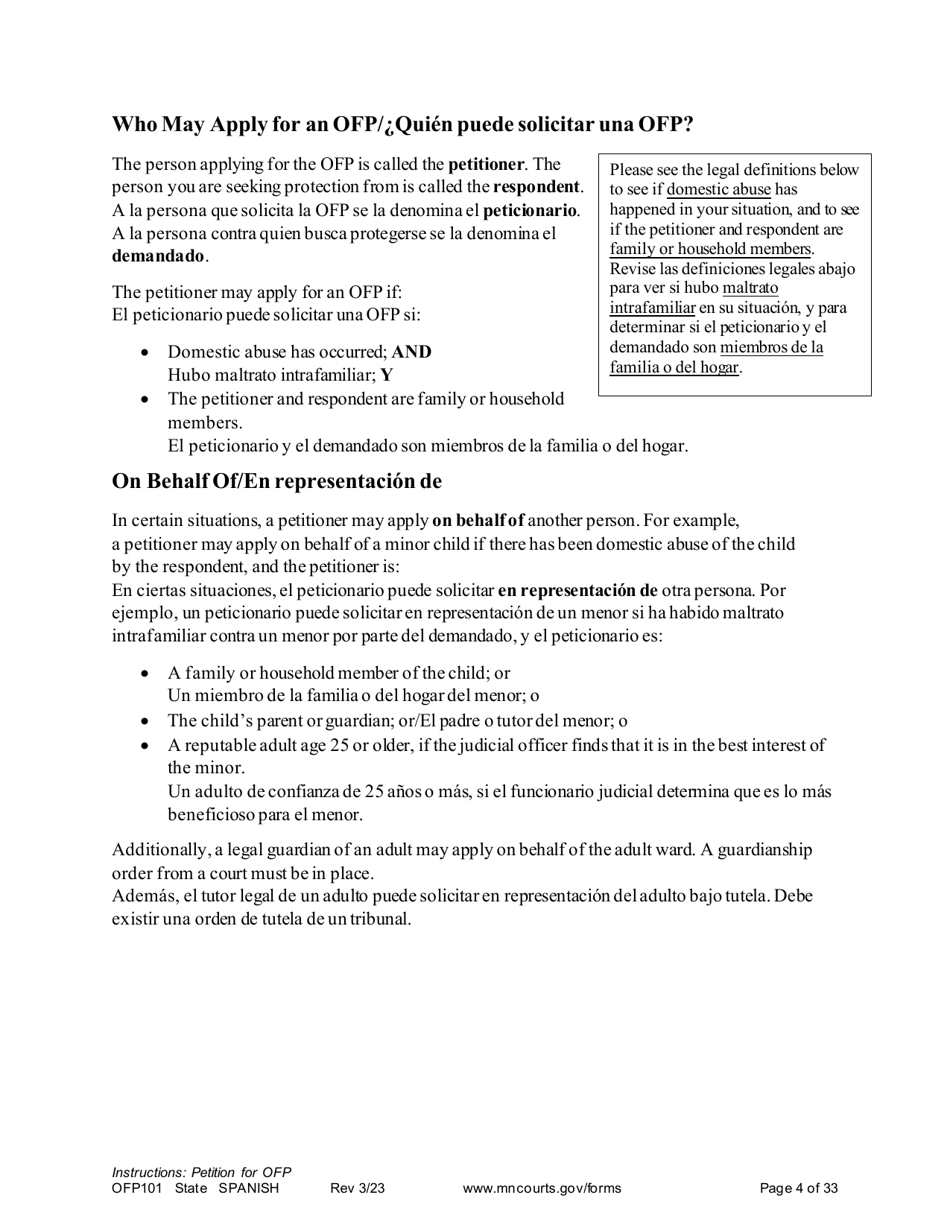 Form OFP101 Instructions - Asking for an Order for Protection (Ofp) - Minnesota (English / Spanish), Page 4