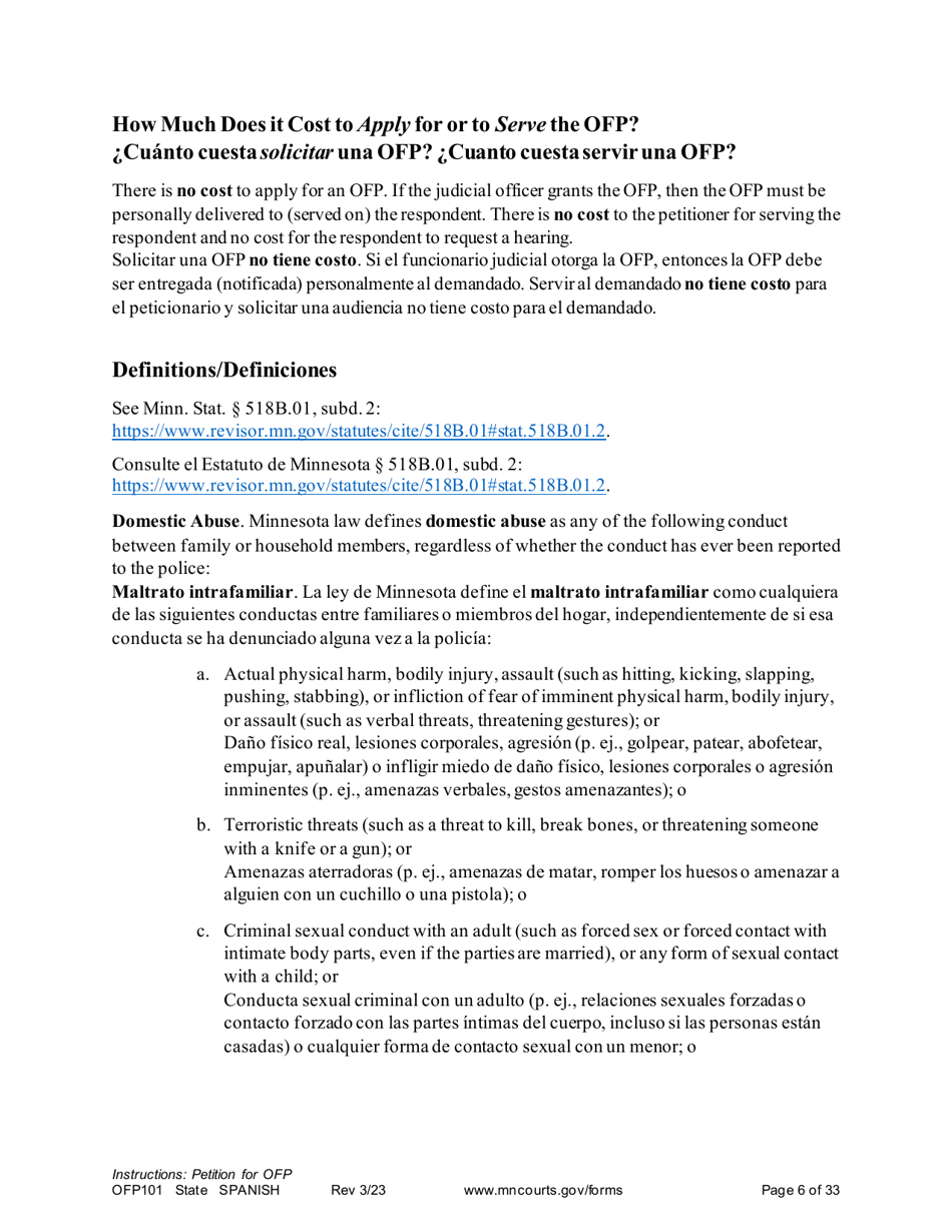 Form OFP101 Instructions - Asking for an Order for Protection (Ofp) - Minnesota (English / Spanish), Page 6