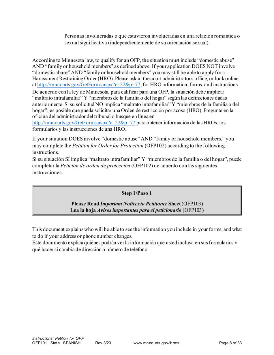 Form OFP101 Instructions - Asking for an Order for Protection (Ofp) - Minnesota (English / Spanish), Page 8