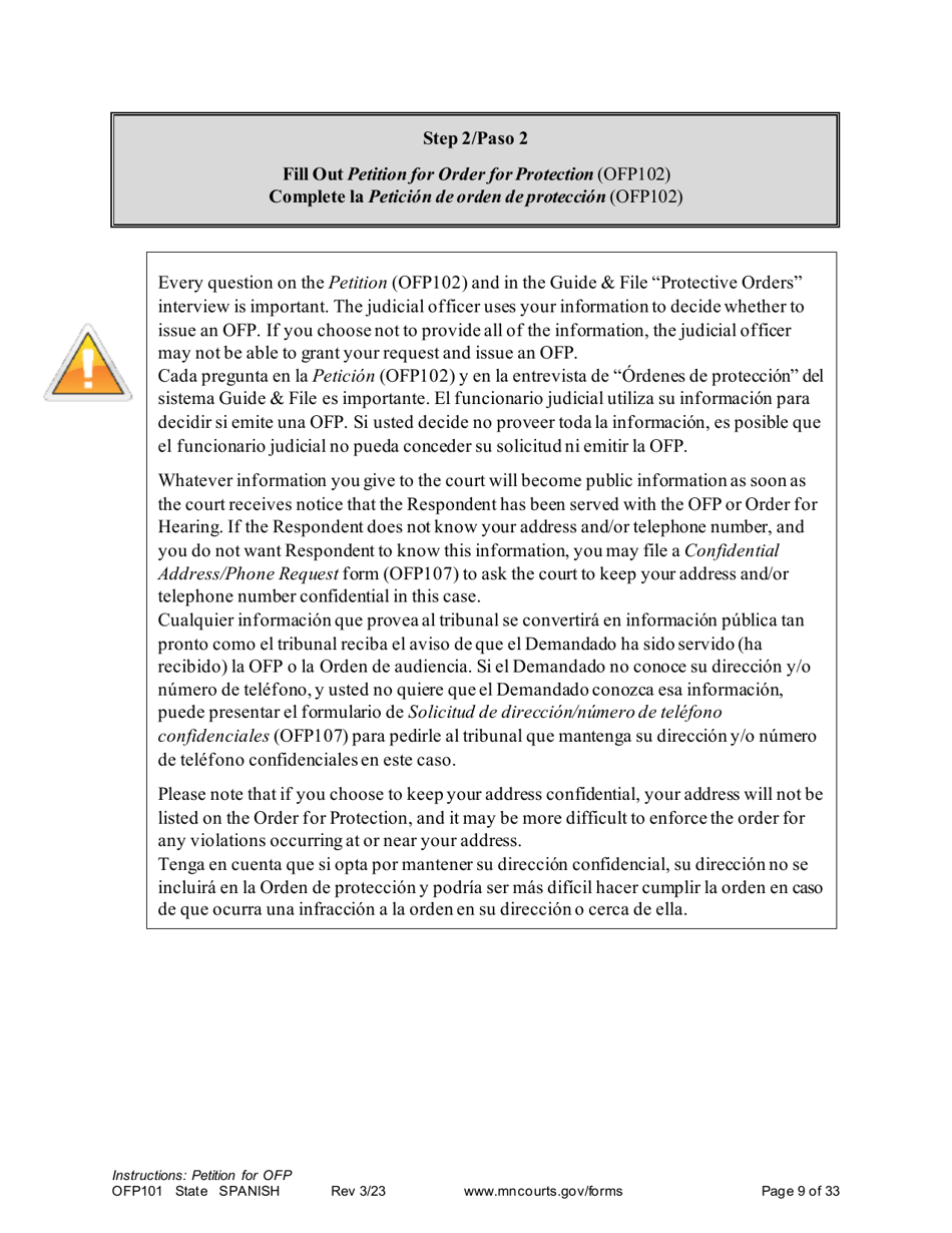Form OFP101 Instructions - Asking for an Order for Protection (Ofp) - Minnesota (English / Spanish), Page 9