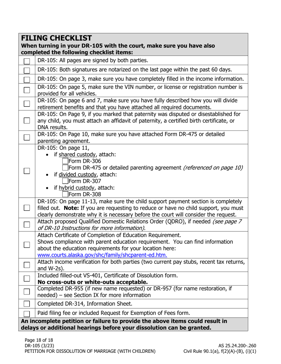 Form DR-105 Petition for Dissolution of Marriage (With Children) - Alaska, Page 18
