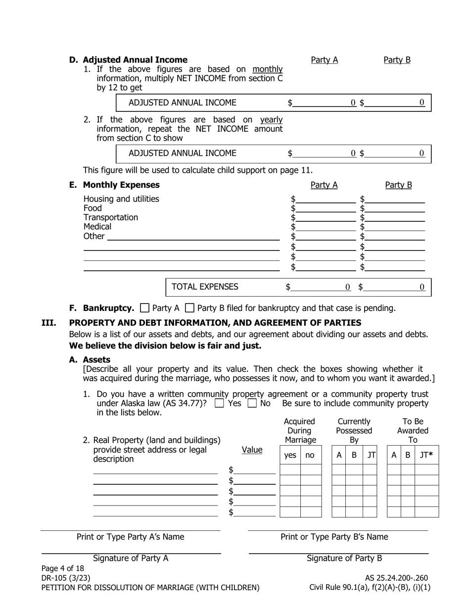 Form DR-105 Petition for Dissolution of Marriage (With Children) - Alaska, Page 4