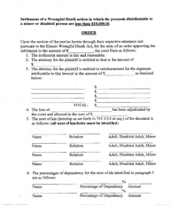 Document preview: Settlement Order - Wrongful Death Action in Which the Proceeds Distributable to Minor or Disabled Person Are Less Than $10,000 - Cook County, Illinois