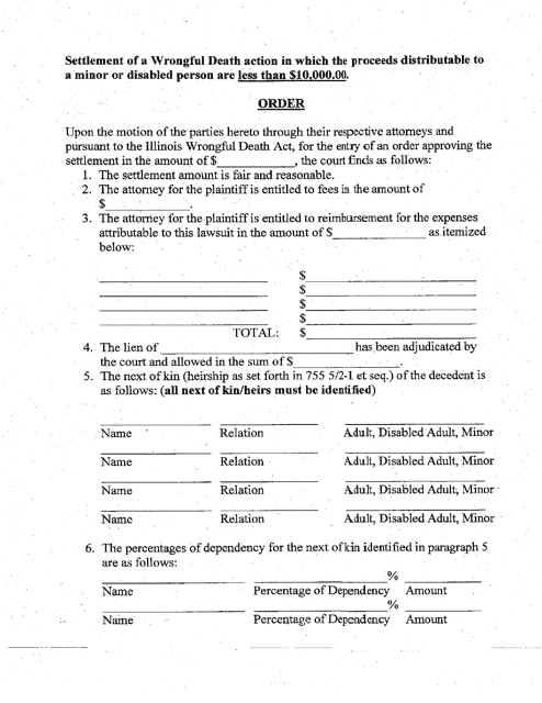 Settlement Order - Wrongful Death Action in Which the Proceeds Distributable to Minor or Disabled Person Are Less Than $10,000 - Cook County, Illinois Download Pdf