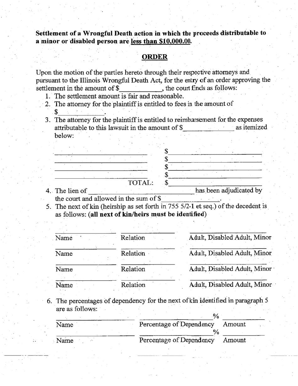 Cook County, Illinois Settlement Order - Wrongful Death Action In Which ...
