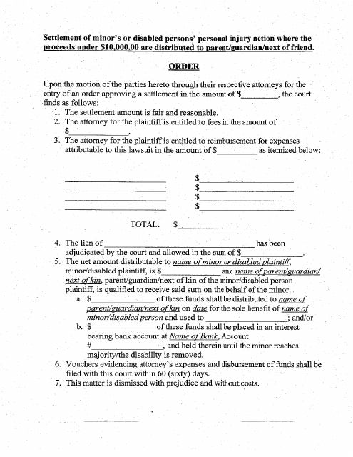 Settlement Order - Minor's or Disabled Persons' Personal Injury Action Where the Proceeds Under $10,000 Are Distributed to Parent / Guardian / Next of Kin - Cook County, Illinois Download Pdf
