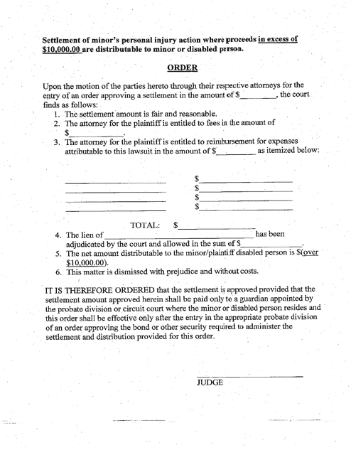 Settlement Order - Minor's Personal Injury Action Where Proceeds in Excess of $10,000 Are Distributable to Minor or Disabled Person - Cook County, Illinois Download Pdf