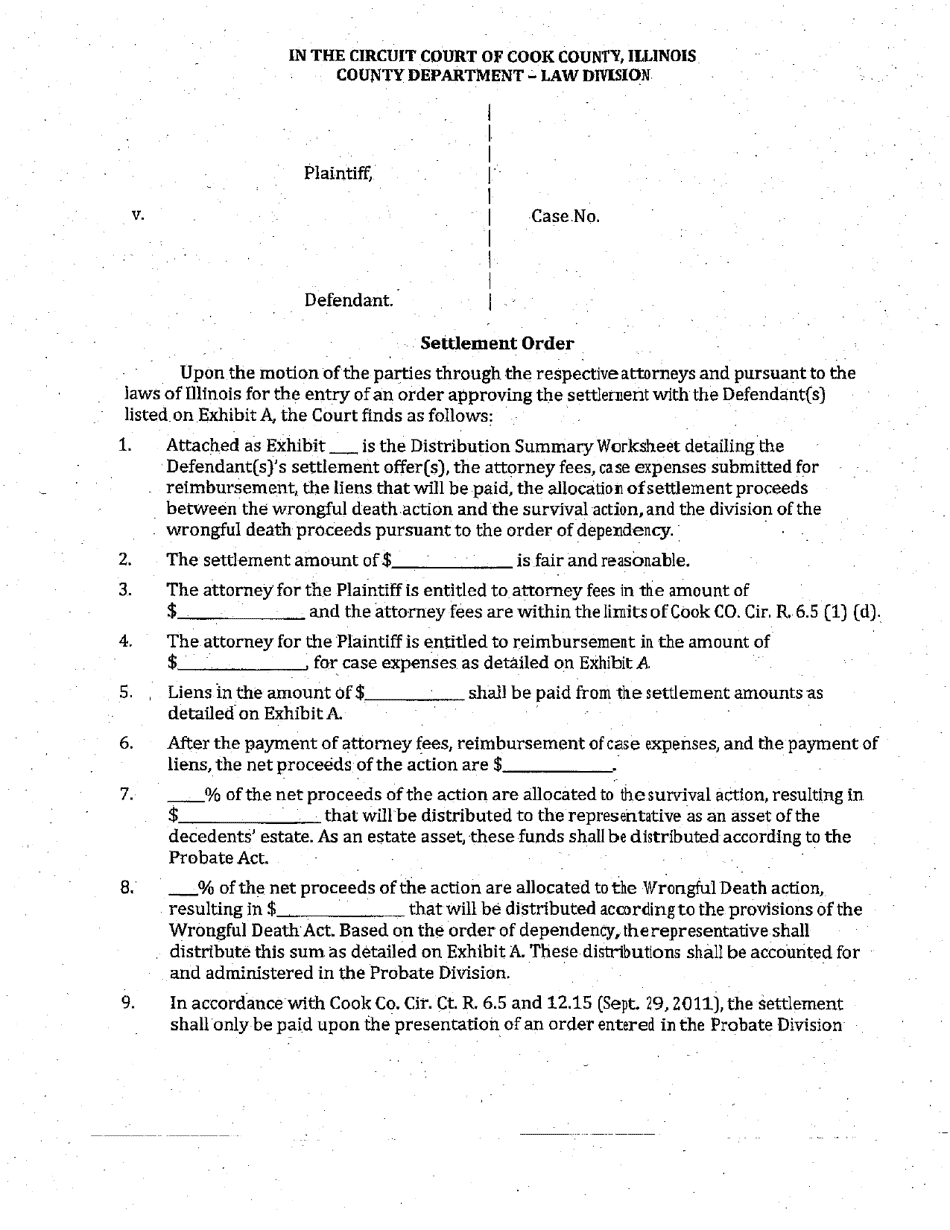 Settlement Order - Cook County, Illinois, Page 1