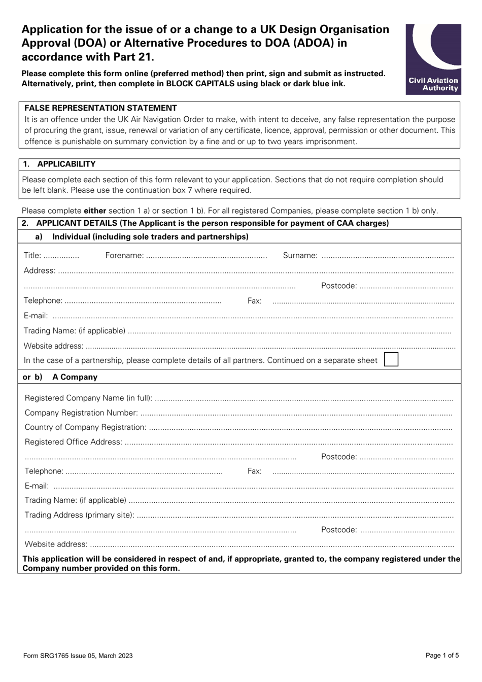 Form SRG1765 Application for the Issue of or a Change to a UK Design Organisation Approval (Doa) or Alternative Procedures to Doa (Adoa) in Accordance With Part 21 - United Kingdom, Page 1