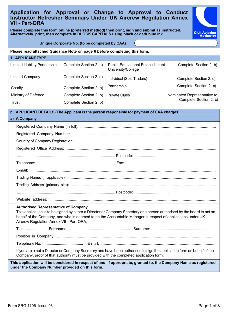 Form SRG1196 Application for Approval or Change to Approval to Conduct Instructor Refresher Seminars Under UK Aircrew Regulation Annex VII - Part-Ora - United Kingdom, Page 1