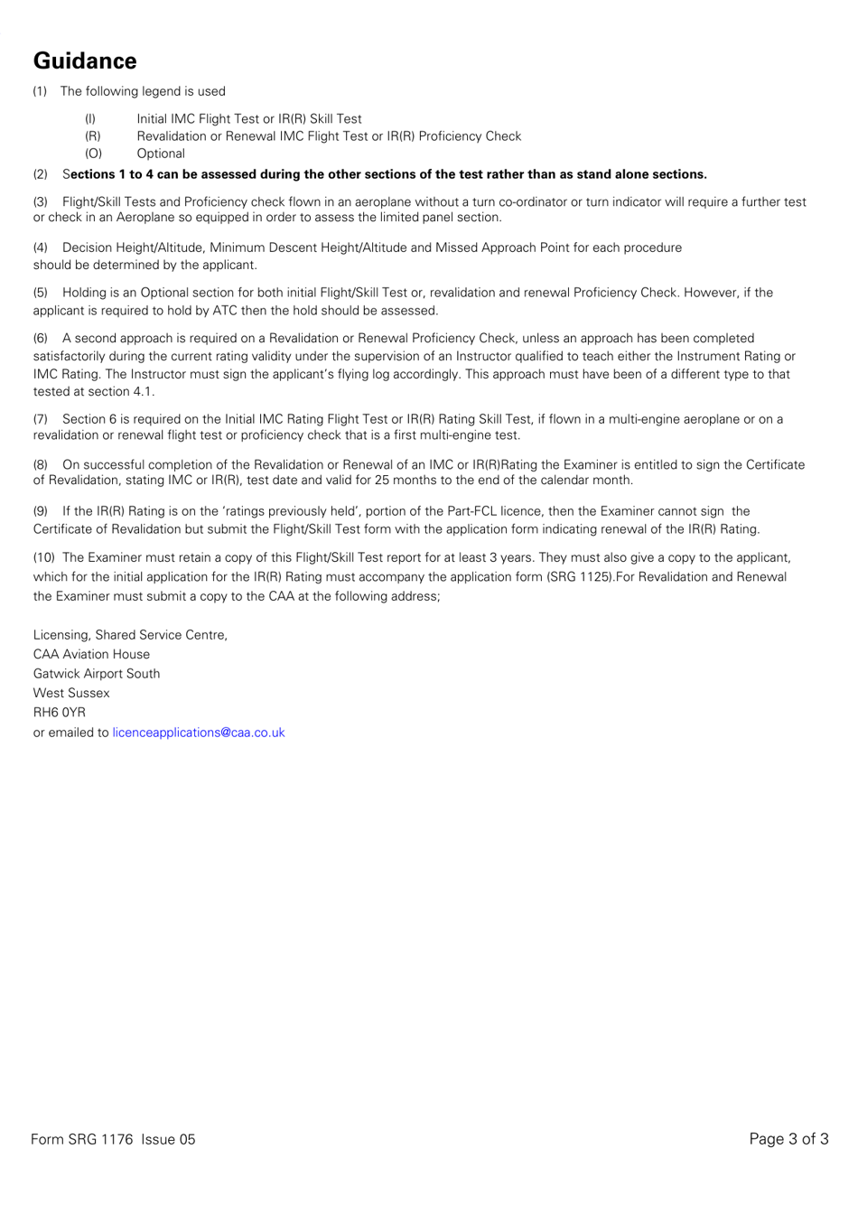 Form SRG1176 Examiners Report - Flight / Skill Test and Proficiency Check for Issue, Revalidation and Renewal of the Instrument Meteorological Conditions (Imc) and Restricted Instrument Rating (Ir(R)(Aeroplanes) - United Kingdom, Page 3