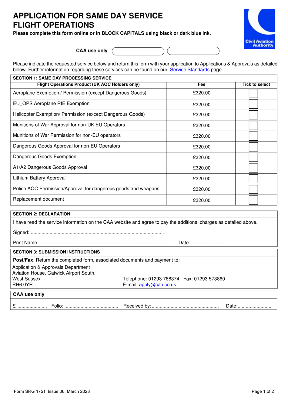 Form SRG1751 Application for Same Day Service Flight Operations - United Kingdom, Page 1