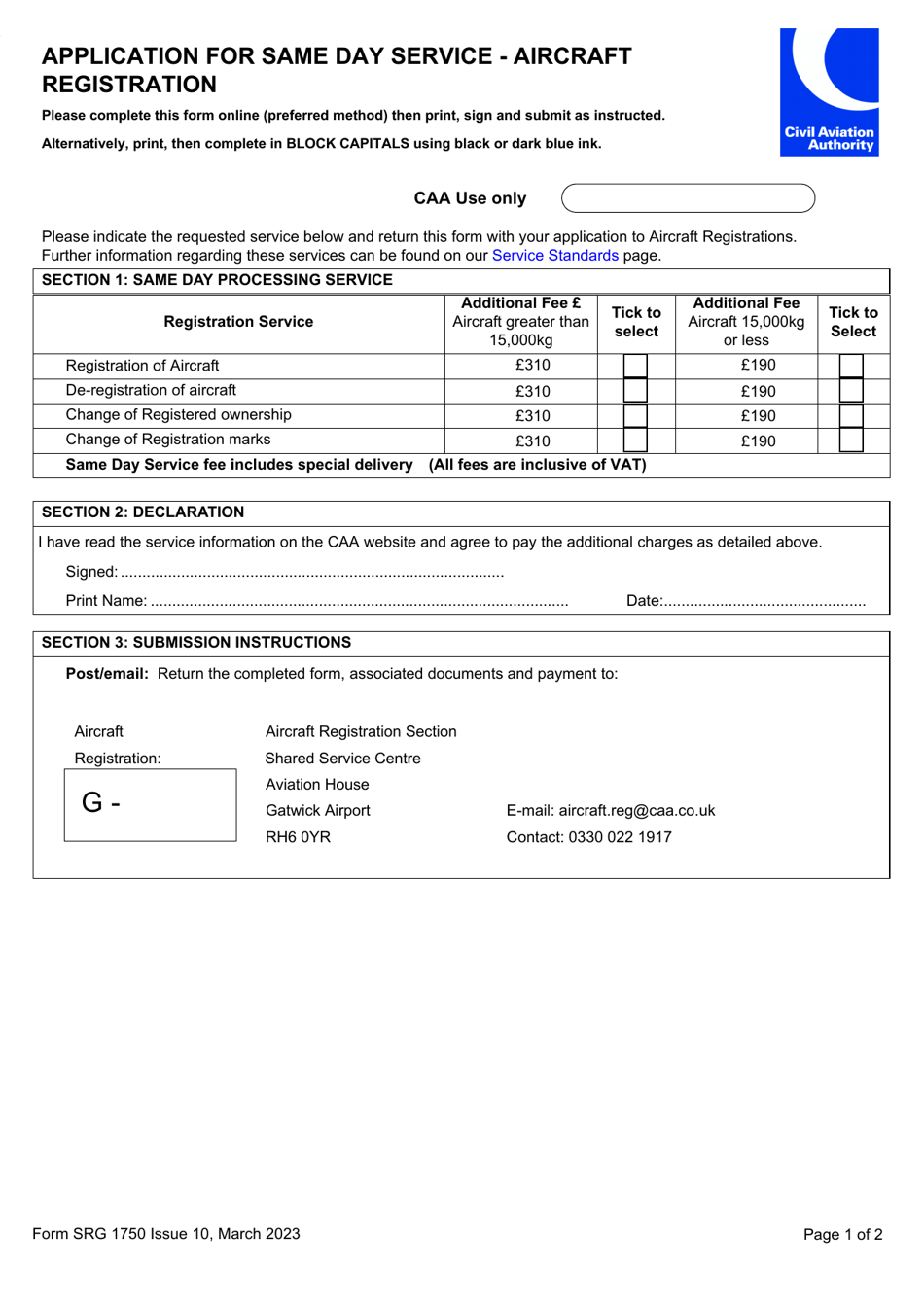 Form SRG1750 Application for Same Day Service - Aircraft Registration - United Kingdom, Page 1
