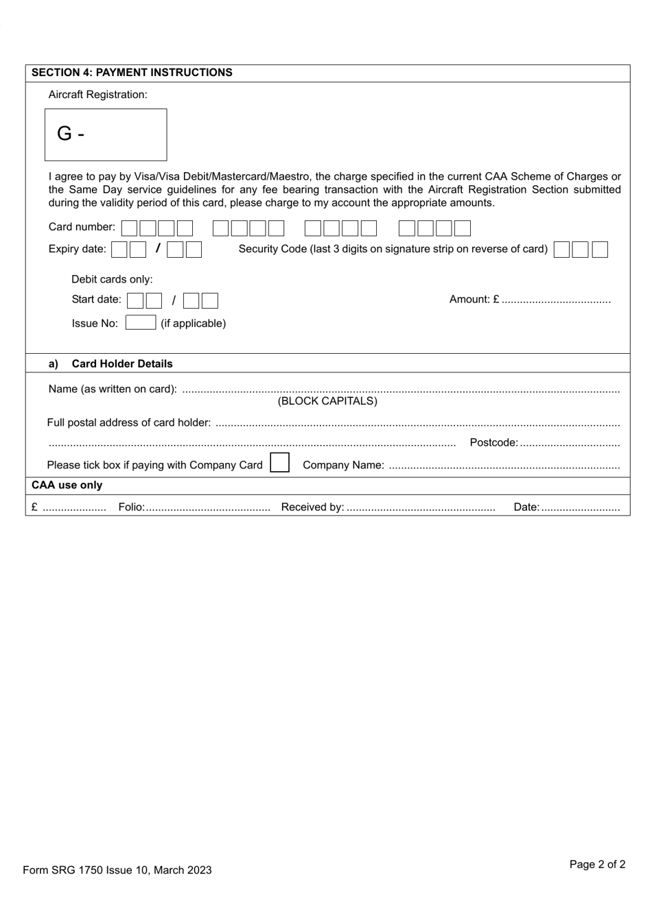 Form SRG1750 Application for Same Day Service - Aircraft Registration - United Kingdom, Page 2