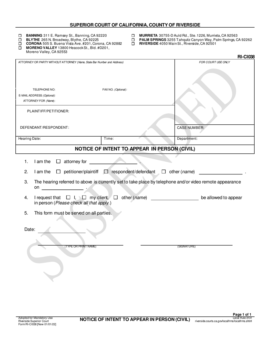 Form RI-CI038 Notice of Intent to Appear in Person (Civil) - County of Riverside, California, Page 1