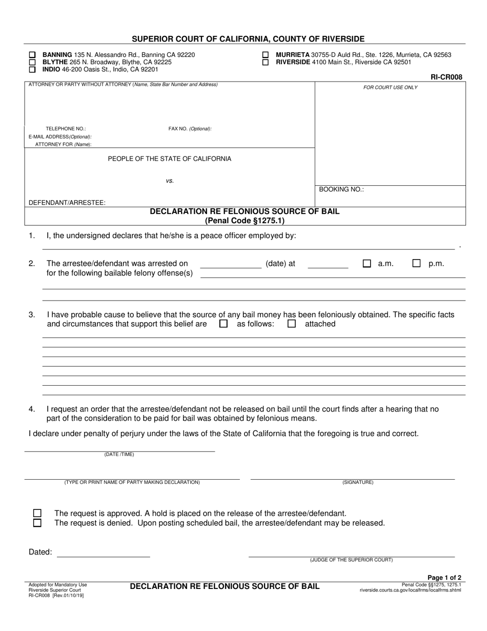 Form Ri Cr008 Fill Out Sign Online And Download Fillable Pdf County Of Riverside California 