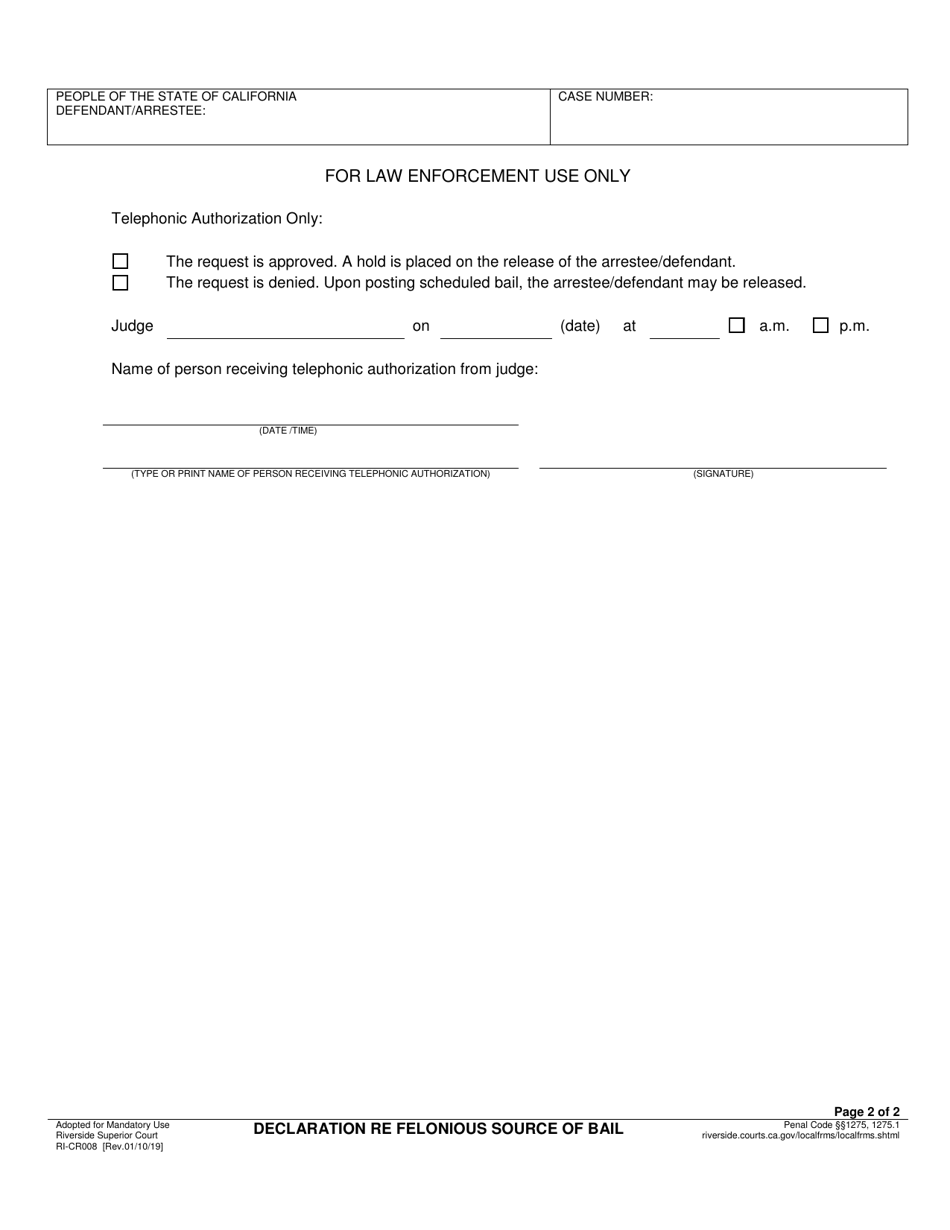 Form RI-CR008 Declaration Re Felonious Source of Bail - County of Riverside, California, Page 2